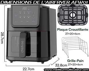 Chefree AFW01 dimensions de l'airfryer, du panier et du grille-pain