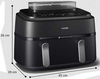 Les dimensions de la friteuse à air à double panier PHILIPS NA550/00