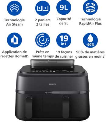 Toutes les infos techniques sur cette friteuse sans huile à double compartiment + fonction vapeur !