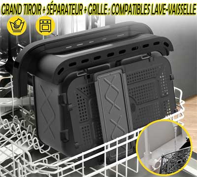 Grand tiroir, séparateur et grille compatibles lave-vaisselle.