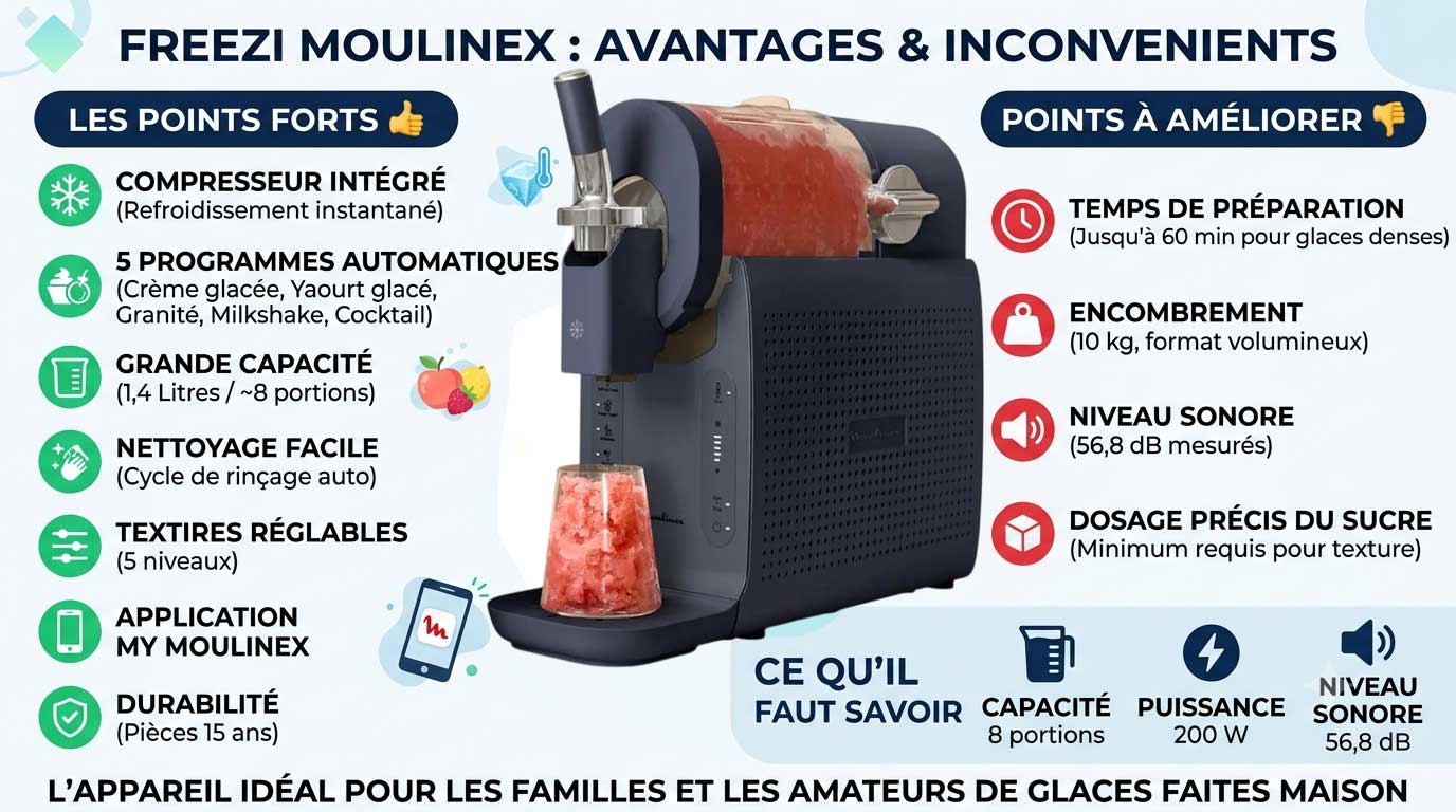 Infographie sur les points forts et les points faibles de MOULINEX Freezi MJ8024F0